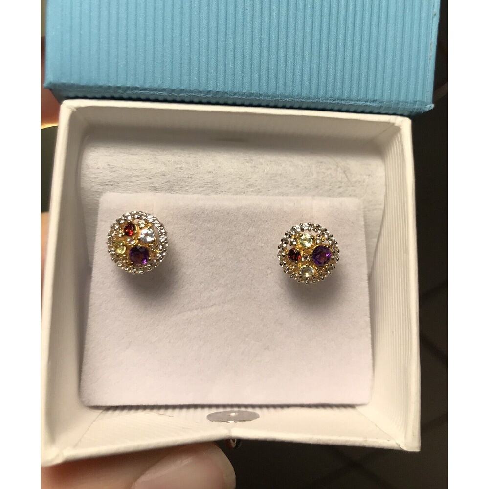 Round 1ct Natural Gemstone Stud Earrings Sterling & 14K Gold